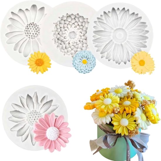 3D siliconen vormen met bloemen, 4 stuks, voor kaarsen, pioenroos en madeliefjes, herbruikbaar, voor kaarsen, zeep, taartdecoratie, desserts en knutselwerk