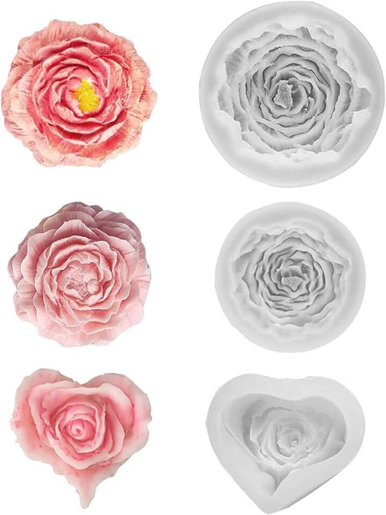 3D siliconenvorm bloemen, siliconen zeep bloemvormen, kaarsvormen, pioen, roos, hart chocolade vormen, DIY roos pioen kaarsvorm, 3 stuks