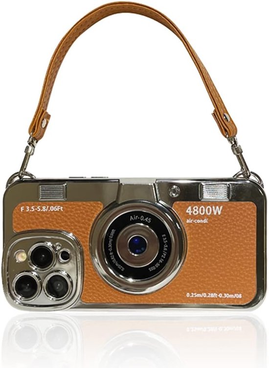 3D vintage camera-telefoonhoesje met polsband - unieke coole siliconen PC schokbestendige crossbody beschermhoes voor iPhone 14-bruin