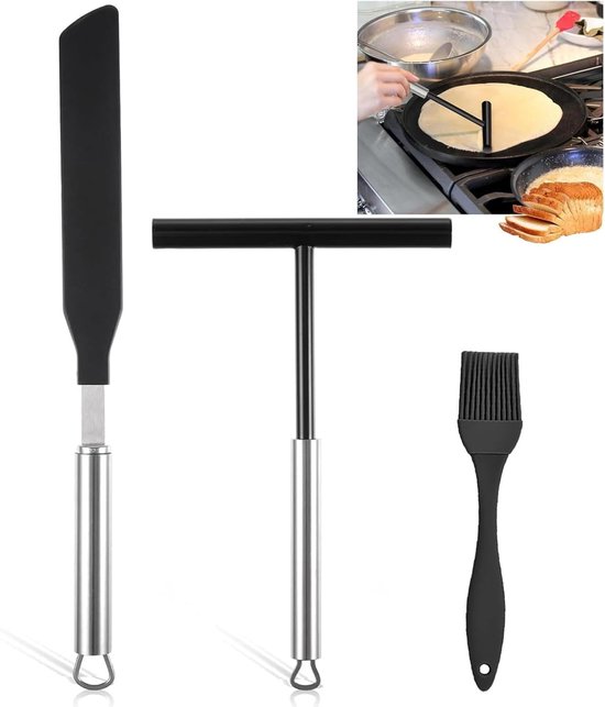 3Pcs Crêpe Maker Accessoires Set, RVS T-vormige Deeg Distributeur en Siliconen Spatel voor Thuis Keuken Bakken Koken