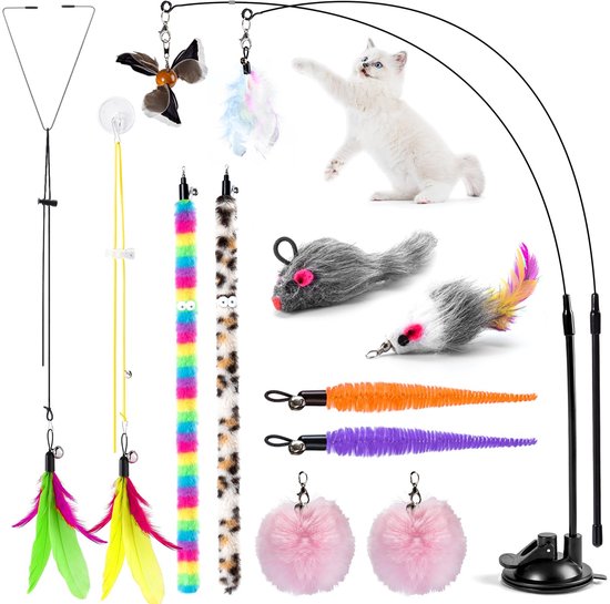 4-1 Interactieve Kattenspeelset, 12 Verwisselbare Veren Speeltjes, Hengel met Zuignap, 2 Hangende Accessoires voor Katten