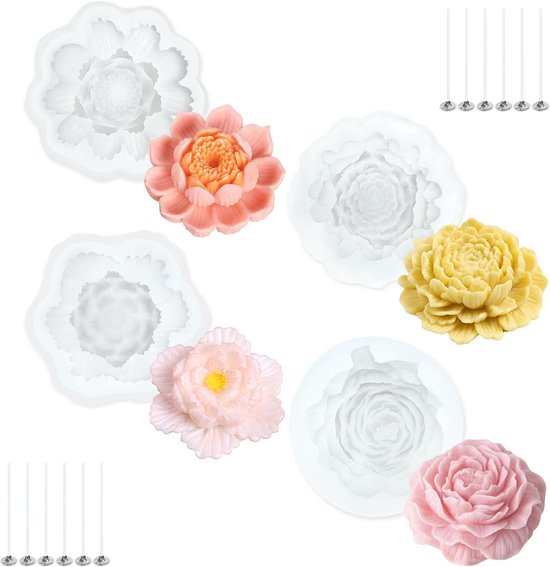 4-delig Bloem Siliconen Kaarsmal, Pioen Roos Hibiscus Lotus 3D Kaarsen Maken Wax Zeep Epoxy Hars Mal voor Handwerk met 12 Pitjes