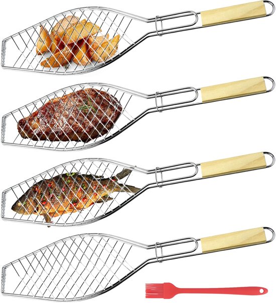 4-delig set visbräter, vis grillhouder met houten handgreep, roestvrij staal visgrillrooster met olieborstel, 60 x 15 cm vistang voor grillen vishouder visgrilltang voor grill en BBQ