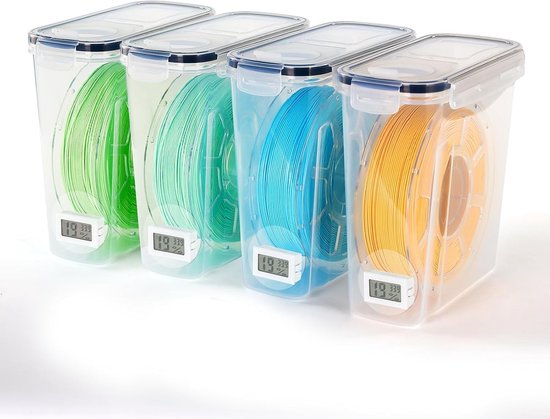 4-delige filamentopslagdoos set – 4L luchtdicht met thermohygrometers, desiccant en labels voor 1.8 mm PLA ABS PETG TPU spoelen van 1 kg
