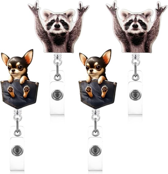 4-delige ID Kaarthouder met Uittrekbare Raccoon en Chihuahua, Leuk Badge Reel voor Verpleegkundigen, Grappige en Handige ID Kaart Houder met Achterste Clip