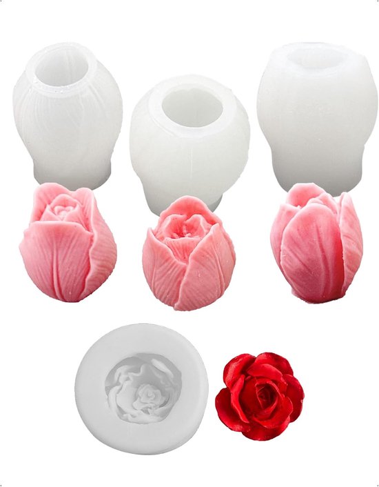 4-delige set siliconen bloemenkaarsvormen, 3D-tulpen- en rozenkaarsvormen, gietvormen, set voor lente- en zomerdecoratie voor zeep, chocolade, kaarsen, DIY-decoratie, woondecoratie