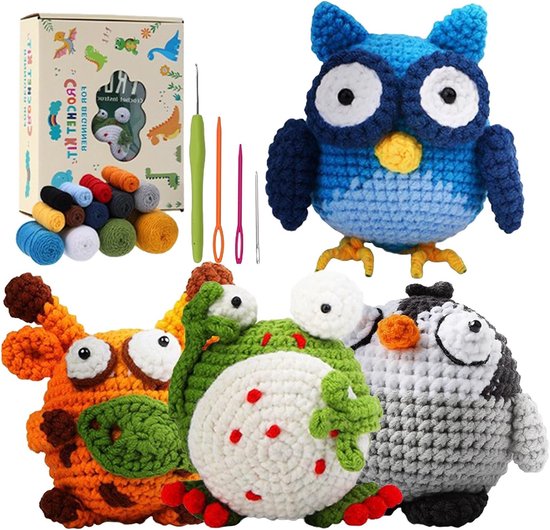 4 Dierlijke Big Eyes Haakpakket voor Beginners, DIY Brei Kit met Haaknaalden, Garens, Boeken & Video Tutorials, Schattige Pluche Ambachten voor Volwassenen, Perfecte Cadeaus