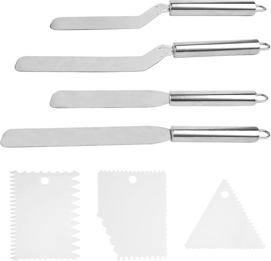 4 Glazuurspatel van Roestvrij Staal en 3 Kunststof Schuine Spatels | Professionele Offset Spatula Hoekpalet Taartspatel, Roestvrijstalen Decoratiespatels voor Taarten, Verspreiding van Room