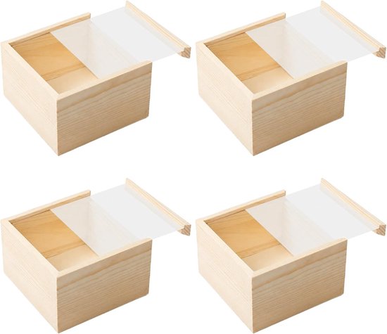4 houten kisten met schuifdeksel van acryl, 12 x 12 x 8 cm