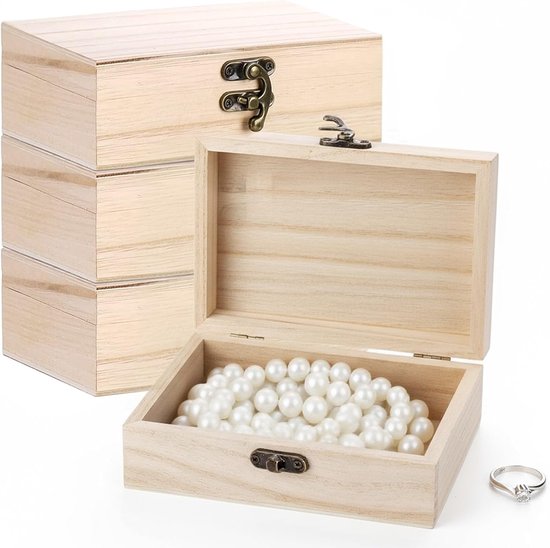 4 houten kistjes met deksel 15 x 10 x 5 cm - kleine herinneringsdoos, DIY decoratie en opbergdoos