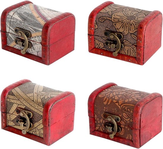 4 Mini Schatkisten van Hout met Metalen Sluiting voor Sieraden