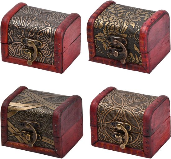 4 Pcs Mini Piraten Schatkisten, Vintage Houten Schatkist, Antiek Ontwerp, Kleine Schatkist Voor Kinderen, Gouden Munten, Edelstenen