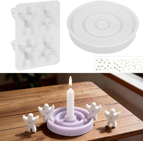 4 siliconen vormen engel met hart 1 ronde siliconen vormen kaarsenhouder met decoratieve stickers, gietvorm engel/kaarshouder Kerstmis, gipsvormen om te gieten, gietvormen voor doe-het-zelf kaarsen