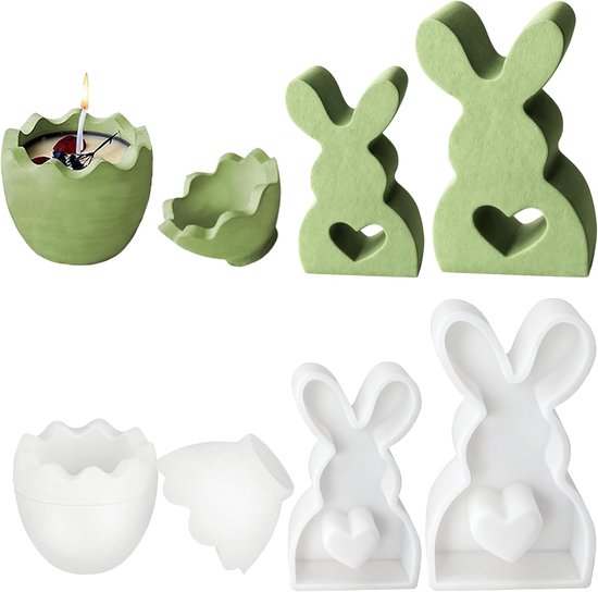 4 Stück Silikonformen Gießformen, Kaninchen Silikonform Ostern, 3D Kaninchen Gießform Ostern, Sojawachs Kerzen, Ostergeschenke (Eier und Kaninchen)
