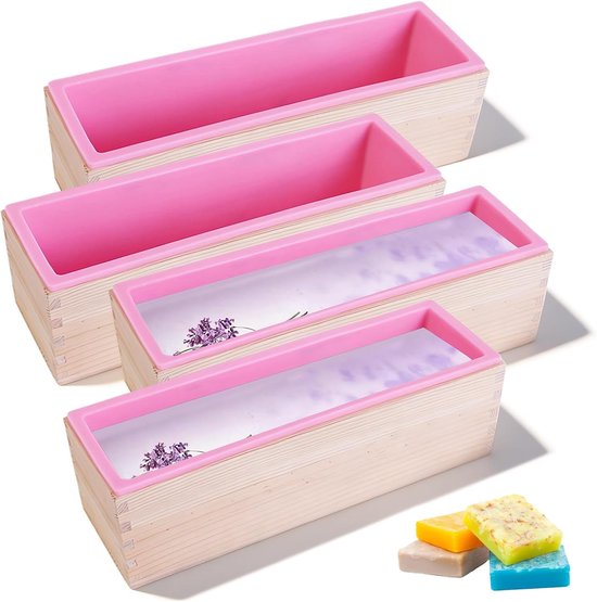 4 stuks, 1200 ml, zeepvorm met houten doos, rechthoekige zeepvormen, siliconen vorm, zeepvorm, geschikt voor zeep of toastcake (roze)