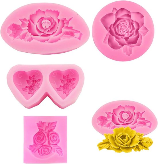 4 stuks 3D-bloemen, siliconen zeepkaarsvormen, set voor de decoratie van handgemaakte chocolade-snoepjes, cake, roze