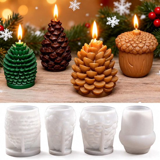 4 Stuks 3D Dennenappel Siliconenvorm Herfst, Siliconen Kaarsvormen Met Dennenappel en Eikel Motieven voor DIY Geurkaarsen, Kaarsen en Herfst Knutselprojecten
