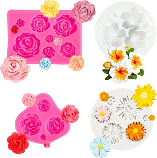 4 stuks 3D-siliconen vormen, 18 verschillende bloemen, rozen, madeliefjes, eierbloemen, siliconen vorm voor zeep, kaarsen, fondant, taartdecoratie, chocolade en doe-het-zelf handgemaakte snoep