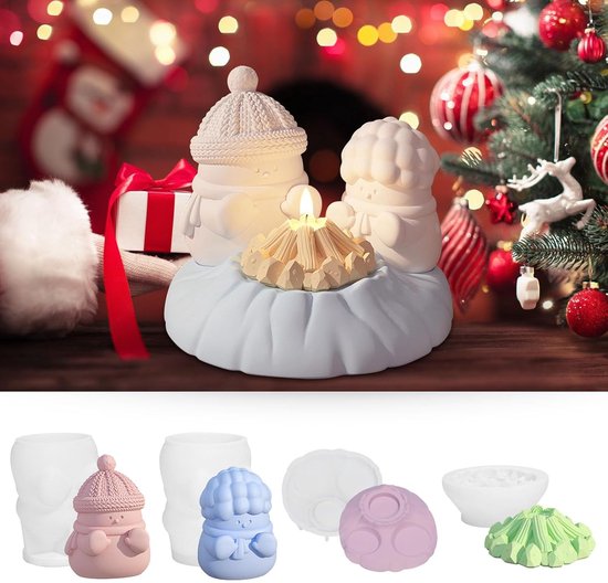 4 stuks 3D sneeuwpop kerstkaarsvorm, siliconen kaarsvorm, doe-het-zelf sneeuwpop, siliconen kaarsgietvorm, 3D kerstsneeuwpop, harsvorm, voor het gieten van kaarsen, zeep, handwerk