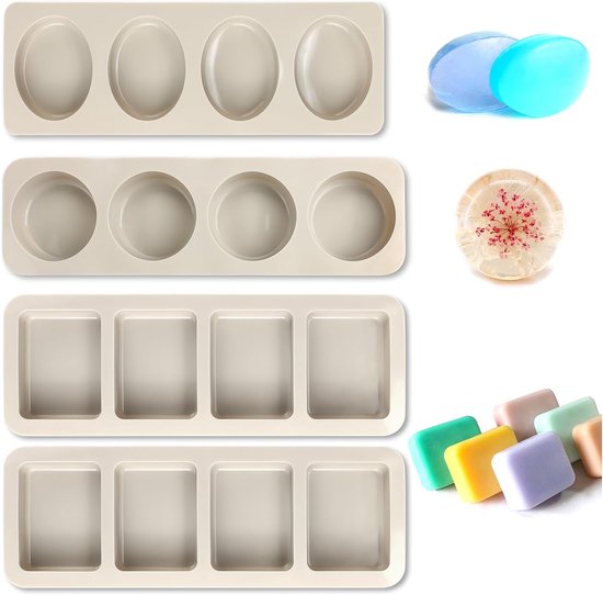 4 stuks 4 holten siliconen zeepvormen, handgemaakte siliconen zeepvorm DIY siliconen vorm voor zeep, chocolade, ijsblokjes, muffin, cake, bakken DIY zelfgemaakte ambachten (3 vormen)