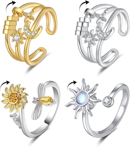 4 stuks anti-stress ring, anti-stress ring, zilveren ring, spinner ring vrouwen band ring, fidget ring angst draaibaar, verstelbaar cadeau voor vrouwen en mannen