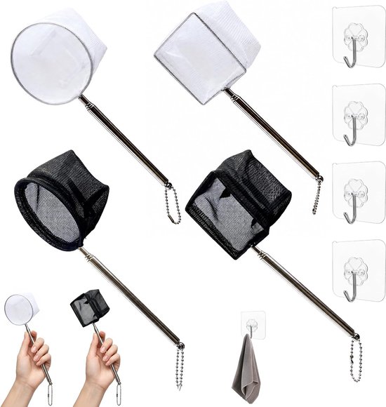 4 stuks aquarium schepnet set met 4 haken, rond en vierkant visnet met telescopische roestvrijstalen handgreep 13-39 cm voor garnalen, kleine vissen en reiniging