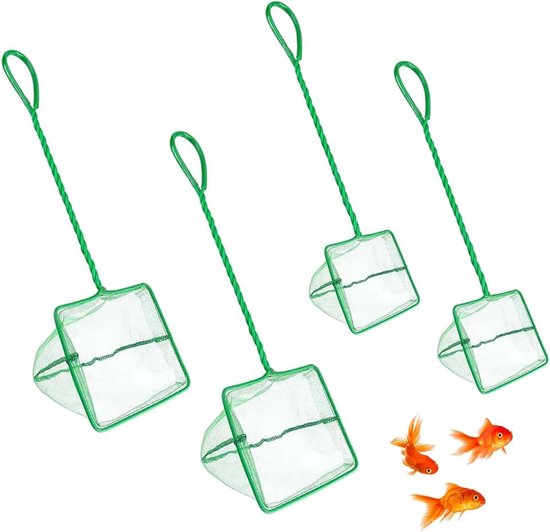 4 stuks aquariumvisnet, klein aquariumnet, klein aquariumschepnet, groen, vierkant visnet, fijnmazig visnet voor aquaria, kleine koivijvers en zwembaden (12 x 10,5 cm)