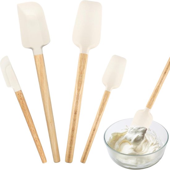 4 stuks deegschrapers, siliconen, spatel met houten handvat, hittebestendig, siliconen spatel, niet plakken, deegschraper, kleine deegspatel, smal, voor koken, mixen, bakken, jam, schilderen