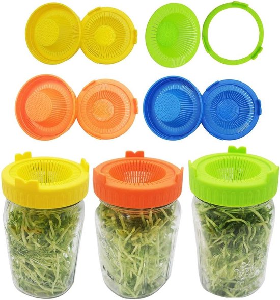 4 Stuks Gemakkelijke Spoel- en Afvoerdeksels voor Brede Monden Potten - Ideaal voor het Kiemen van Bonen, Spruiten en Groenten in Mason Jars