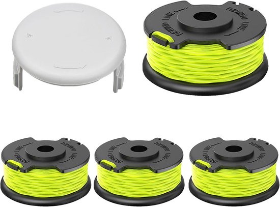 4 stuks grastrimmer draadspoel compatibel met Ryobi RAC143, reservedraadspoel voor Ryobi RLT36B33 & RY36LT3A-0, Ø 2 mm - 6,1 m lengte, met spoelafdekking RAC142 (4 spoel + 1 dop)