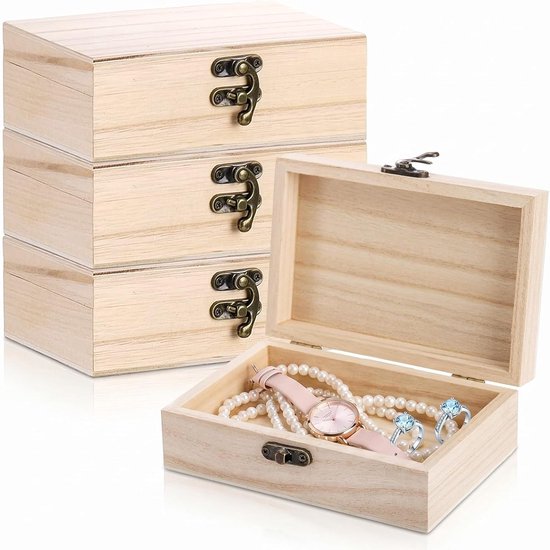 4 Stuks houten doosje met deksel - 15x10x5 cm - DIY herinneringsdoos, opbergdoos met scharnieren