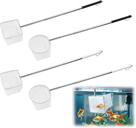 4 stuks klein aquariumnet, 13-39 cm, handvat van roestvrij staal, zacht gaas, rond en vierkant, geschikt voor het vangen van vis en garnalen en het reinigen van aquaria