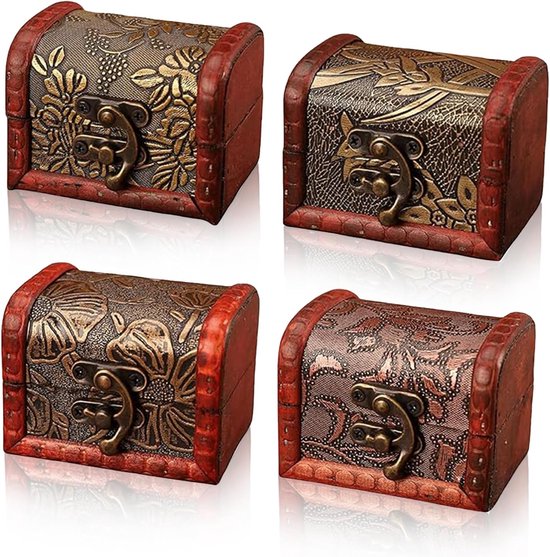 4 Stuks Kleine houten schatkist, Mini houten schatkist, Mini houten juwelendoos, Vintage schatkist, Kleine schatkist van hout, Geschikt voor Het Bewaren van Sieraden
