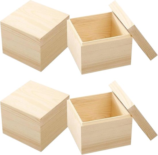 4 stuks kleine vierkante houten kisten van onbehandeld hout met deksel, decoratieve houten kisten voor doe-het-zelf handwerk en containers, 12 x 12 x 11,2 cm