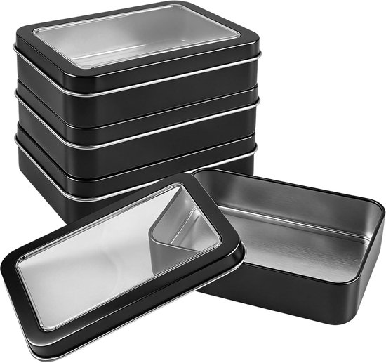4 Stuks Metalen Opbergdoos met Helder Raamdeksel, 107 x 73 x 25 mm | Mini Metalen Dozen met Deksels, Draagbaar Rechthoekige Blikken Container, voor Snoep, Sleutels, Oorbellen, Kleine Voorwerpen