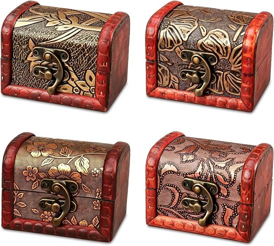 4 stuks mini-schatkisten van hout, vintage houten schatkisten met deksel, decoratieve sieradendozen voor sieraden, geschenken, bruiloft, kinderverjaardag, woondecoratie (type 2)