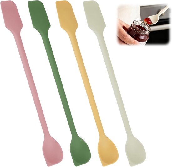 4 Stuks Mini Siliconen Spatel met Dubbele Kop, 26 x 2,8 cm Mini Spatels Siliconen, Multifunctionele Herbruikbare Mini-Spatels voor Jamflessen, Cosmeticaflessen (Geel, Groen, Roze, Wit)