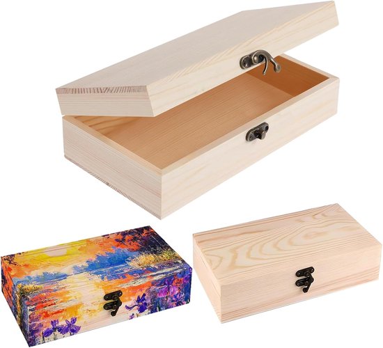 4 stuks natuurlijke kleine houten kisten, 20 x 10 x 5 cm, rustieke kleine houten kist, rechthoekige houten doos, met metalen klapsluiting, voor beschilderen, beplakken, doe-het-zelf kunst