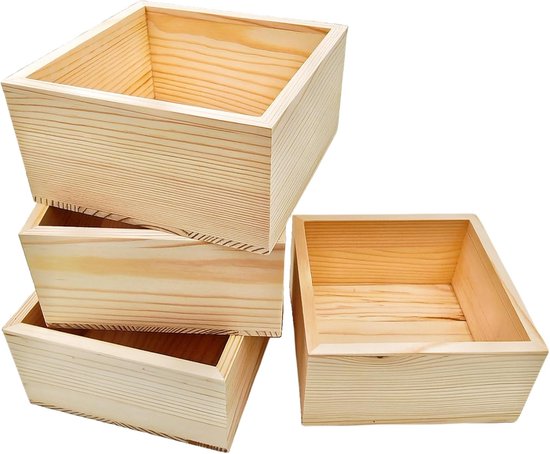 4 stuks onafgewerkte houten ambachtelijke opbergdozen voor knutselen, 12 x 12 x 6 cm kleine vierkante houten doos, rustieke natuurlijke houten containerdoos voor thuislocatie decoratie