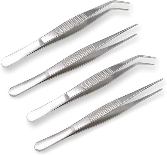 4 stuks pincetten van roestvrij staal, multifunctionele pincetten, rechthoekige pincetten van roestvrij staal, geschikt voor waterdieren of voor het maken van sieraden (zilver)