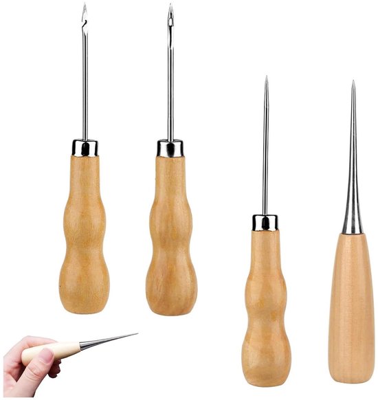 - 4 stuks priem handwerk met houten handvat- Stansen met houten handvat priem van hout - Gaten priem van leer om te naaien boren van Merkloos