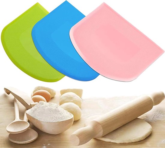 4 stuks roestvrijstalen bekken, deegsnijder deegschraper + voedselveilig PE-kunststof, flexibele deegspatel, keukenhulp, deegschraper voor de keuken (groen, roze en blauw)