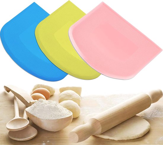 4 stuks roestvrijstalen bekken, deegsnijder deegschraper + voedselveilig PE-kunststof, flexibele deegspatel, keukenhulp, deegschraper voor de keuken (roze, blauw en geel)