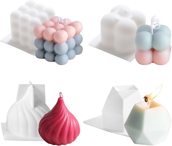 4 stuks siliconen bubbelkaarsvormen set voor het maken van kaarsen, bubble cube kaarsvorm, 3D Bubble siliconen mal, cakevorm voor sojawas, zeep, doe-het-zelf geurkaars