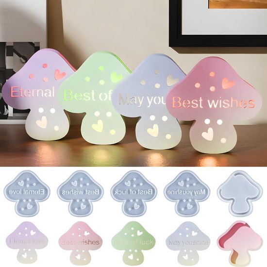 4 stuks siliconen gietvormen, 3D-siliconenvorm, lente, paddenstoel met hart, gietvormen, siliconen paddenstoel, gipsvorm om te gieten, gietvorm, siliconen siliconen vorm, Kerstmis voor 3D-paddenstoel