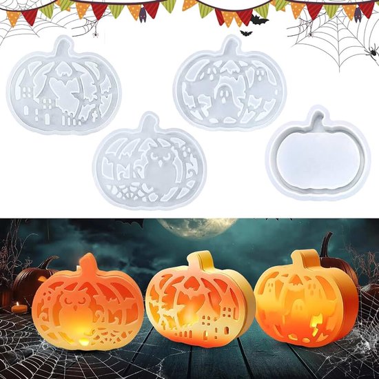 4 stuks siliconen gietvormen Halloween pompoen, gietvormen siliconen Halloween, siliconen vorm herfst, gipsvormen om te gieten voor doe-het-zelf pompoen decoratie