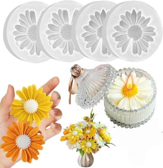 4 stuks siliconen kaarsvormen, Daisy siliconen kaarsvorm 3D, margriet siliconen vormen voor het gieten van kaarsen en bloemen, vormen voor het gieten van kaarsen, voor DIY kaars en zeep maken