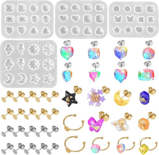 4 stuks siliconen vormen, eepoxyhars, hart, maan, harsvormen, gietvormen, siliconen, uv-bestendig, kunnen worden gebruikt om sieraden in verschillende vormen, oorbellen, ringen te maken, doe-het-zelf