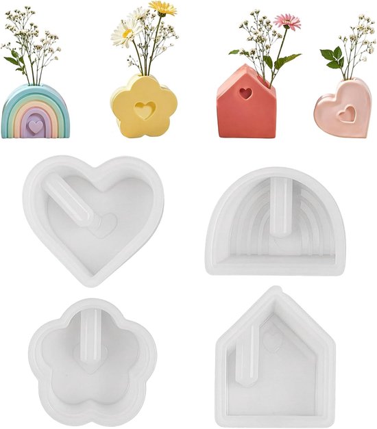 4 stuks siliconen vormen gietvormen, hart, bloemen, huis, regenboog