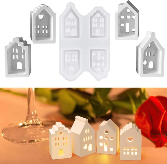 4 stuks siliconen vormen gietvormen huizen, mini siliconen mal huis gips om te gieten, siliconen mallen gietvormen huis, mini-huizen, gietvorm huizen voor het maken van kaarsen handgemaakte